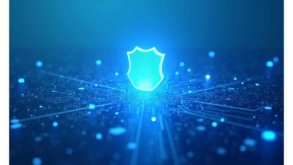 Abstract depiction of GDPR compliance with digital shields and interconnected data points, representing data protection and legal frameworks.