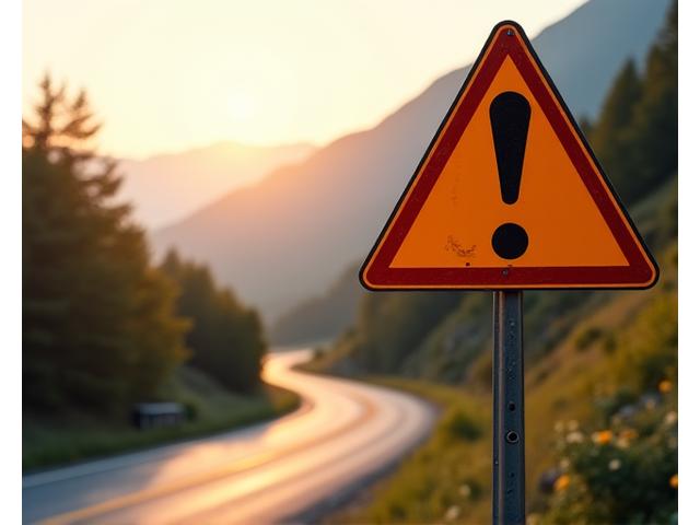 Illustration of a road sign with 'Caution' or 'Disclaimer' symbols, set against a European landscape.