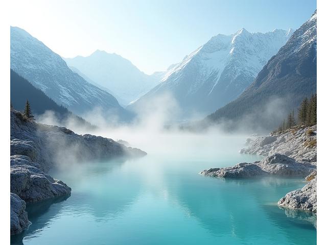 Panoramic view of an Alpine thermal spa with steam rising from turquoise pools surrounded by snow-capped mountains and a winding road