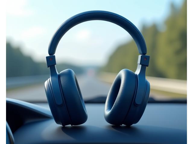 A minimalist icon of headphones with a subtle wave emanating from them, set against a blurred background of a car interior with a serene European landscape visible through the window