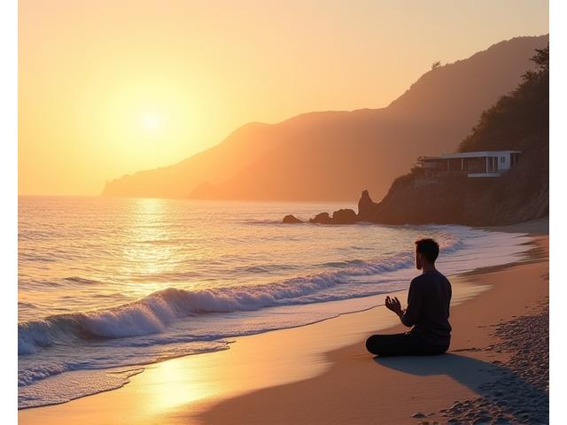 A serene coastal scene with gentle waves washing onto a sandy beach, a person meditating near a small, modern eco-lodge, and a winding coastal road in the distance under a soft sunset