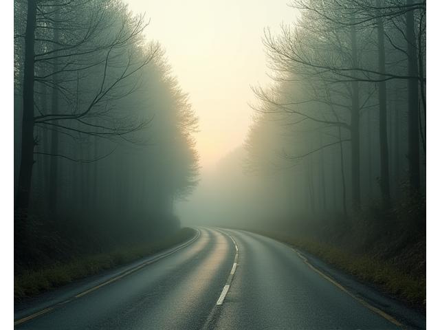 A winding, empty road disappearing into a misty European forest during early morning, with soft, diffused sunlight and a sense of peaceful solitude