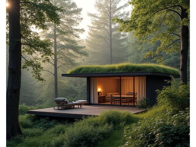 A charming, minimalist eco-lodge nestled in a lush European forest, with large windows overlooking trees, a quiet terrace, and sustainable design elements, during soft morning light