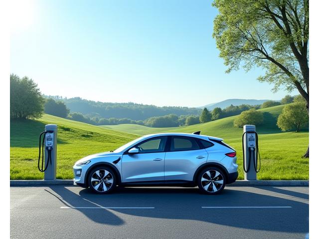 A modern electric vehicle charging at a scenic, well-integrated station powered by solar panels in a European countryside setting with rolling hills and a clear sky