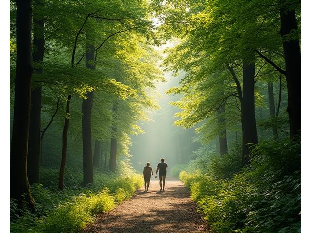 A path winding through a dense, ancient European forest, with shafts of sunlight filtering through the canopy, a couple practicing forest bathing, and a parked car subtly visible in the distance