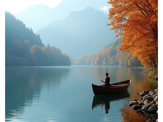 A calm, pristine European lake reflecting autumn foliage, with a small rowboat gently drifting and a person practicing yoga on a secluded wooden dock, a scenic road visible far in the background