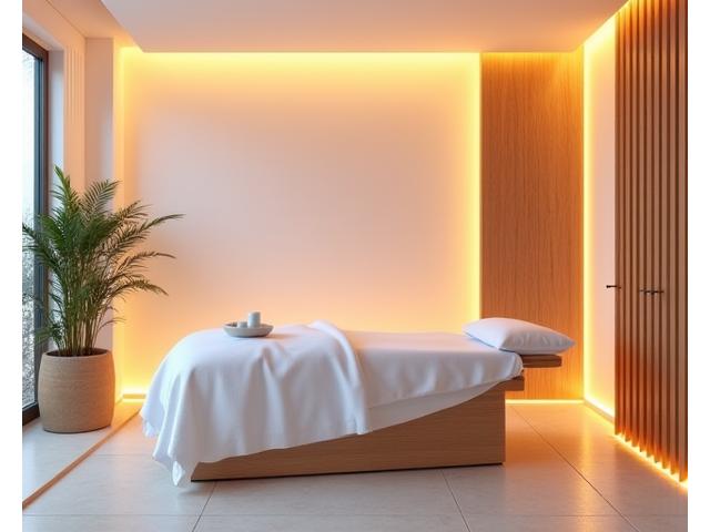A contemporary, minimalist luxury spa treatment room with soft lighting, natural wood elements, and a comfortable massage table, bathed in tranquil ambience