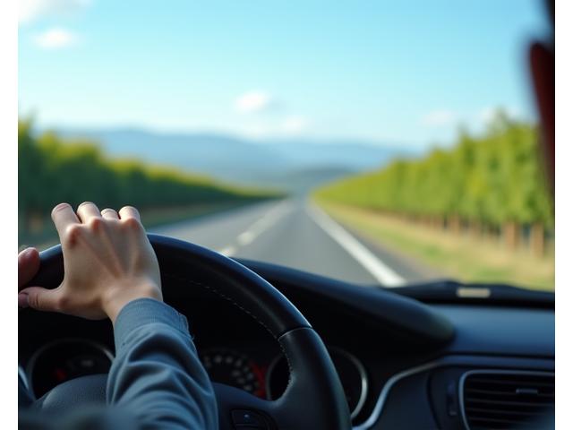 A calm, focused driver's hands gently on a steering wheel, view through the windshield shows a serene, open European road with distant rolling green hills and a clear, blue sky, symbolizing peace