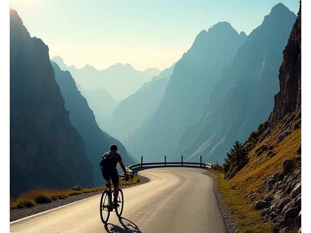 A dramatic mountain pass road curving through rugged European peaks, with a cyclist paused taking a deep breath and enjoying the crisp air and expansive views, during golden hour