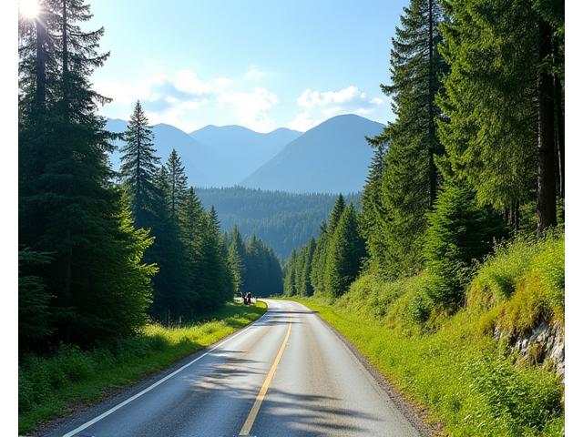 A winding road through a vibrant European national park with lush greenery, towering trees, and a distant clearing with a small group of hikers, under clear blue sky