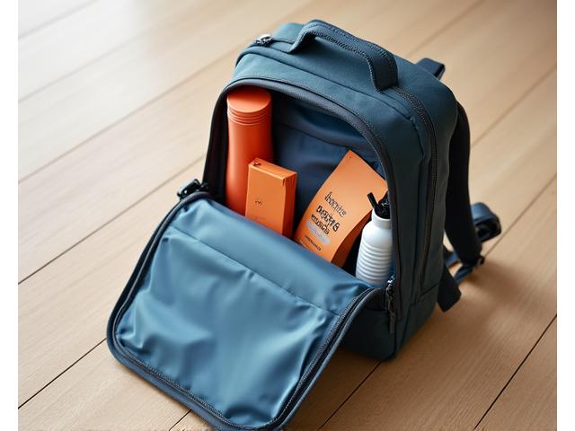 A neatly organized travel backpack with essential wellness items like a yoga mat, water bottle, healthy snacks, and a journal spilling out, on a wooden floor, evoking travel preparation