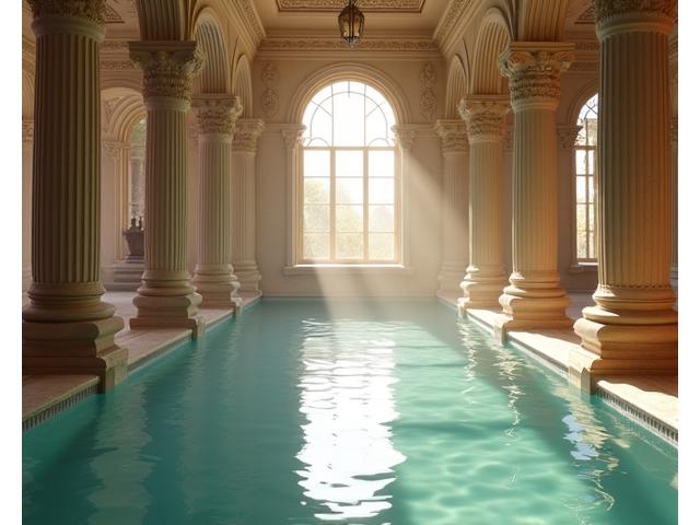Elegant interior of a historic European thermal bath with ornate architecture, calm, warm water, and soft, natural light, creating a peaceful atmosphere