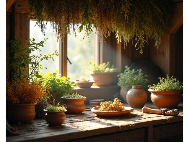 A serene scene depicting a traditional European herbalist preparing remedies, with dried herbs hanging and natural light filtering through a window, evoking ancient wisdom